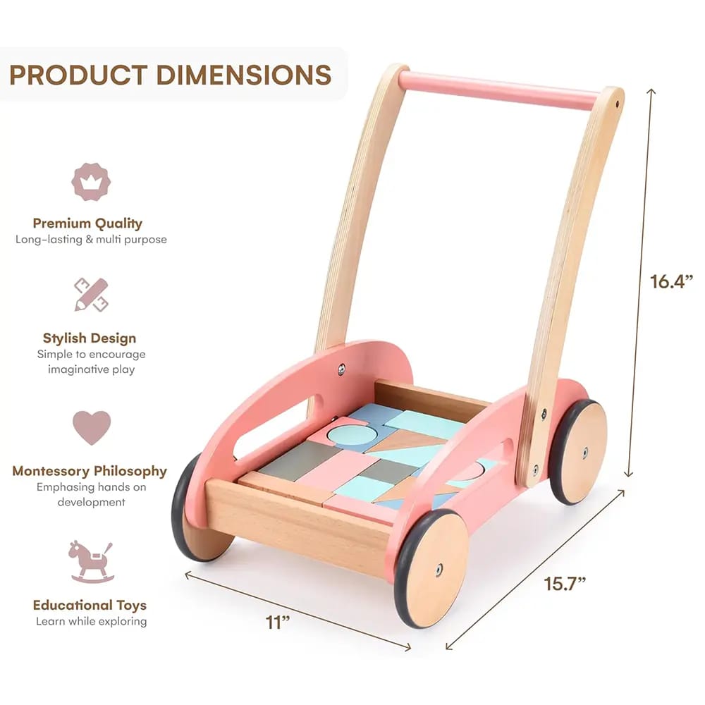 Childlike Behavior Wooden Baby Push Walker with Wheels, Pink