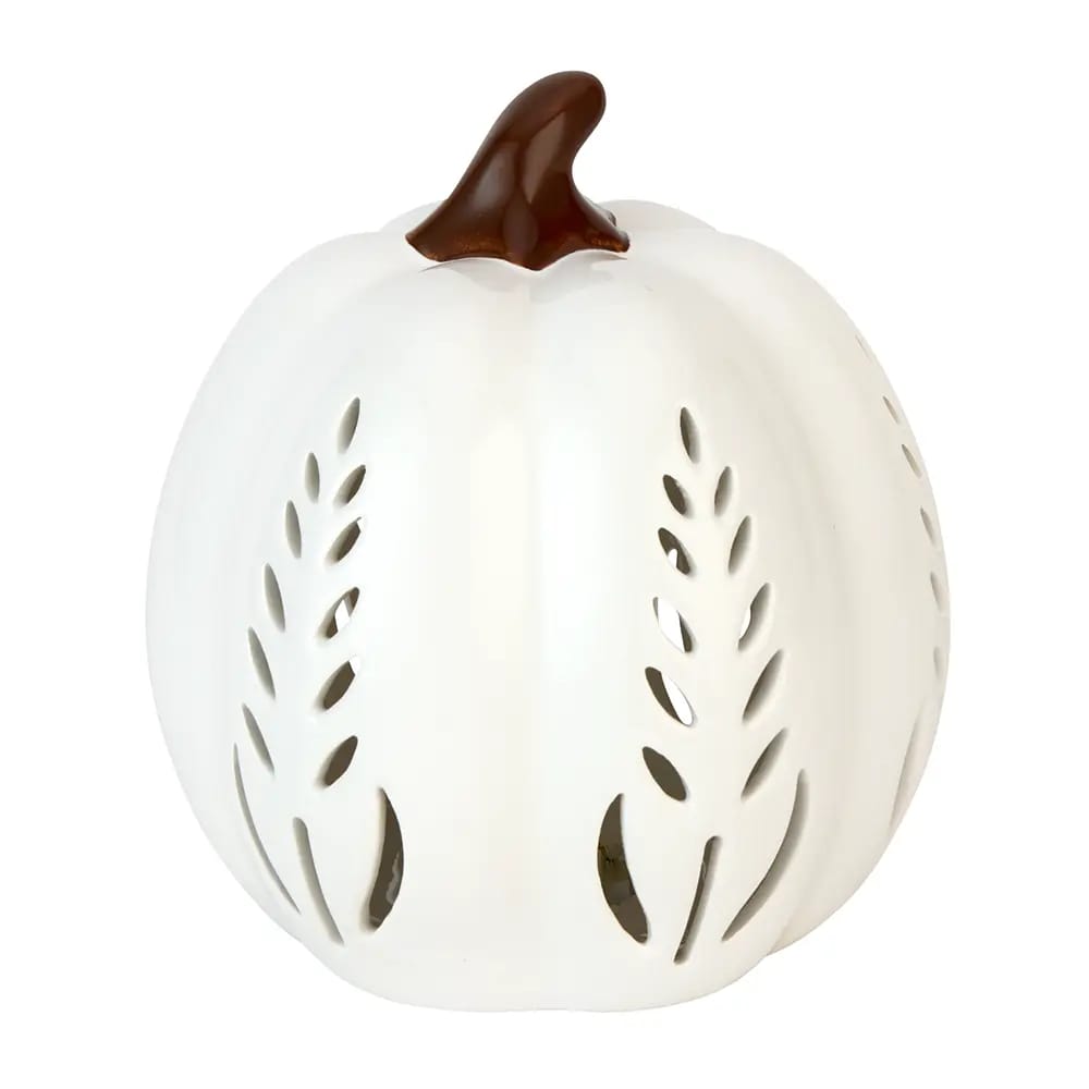 White LED Ceramic Pumpkin with Decorative Cutouts