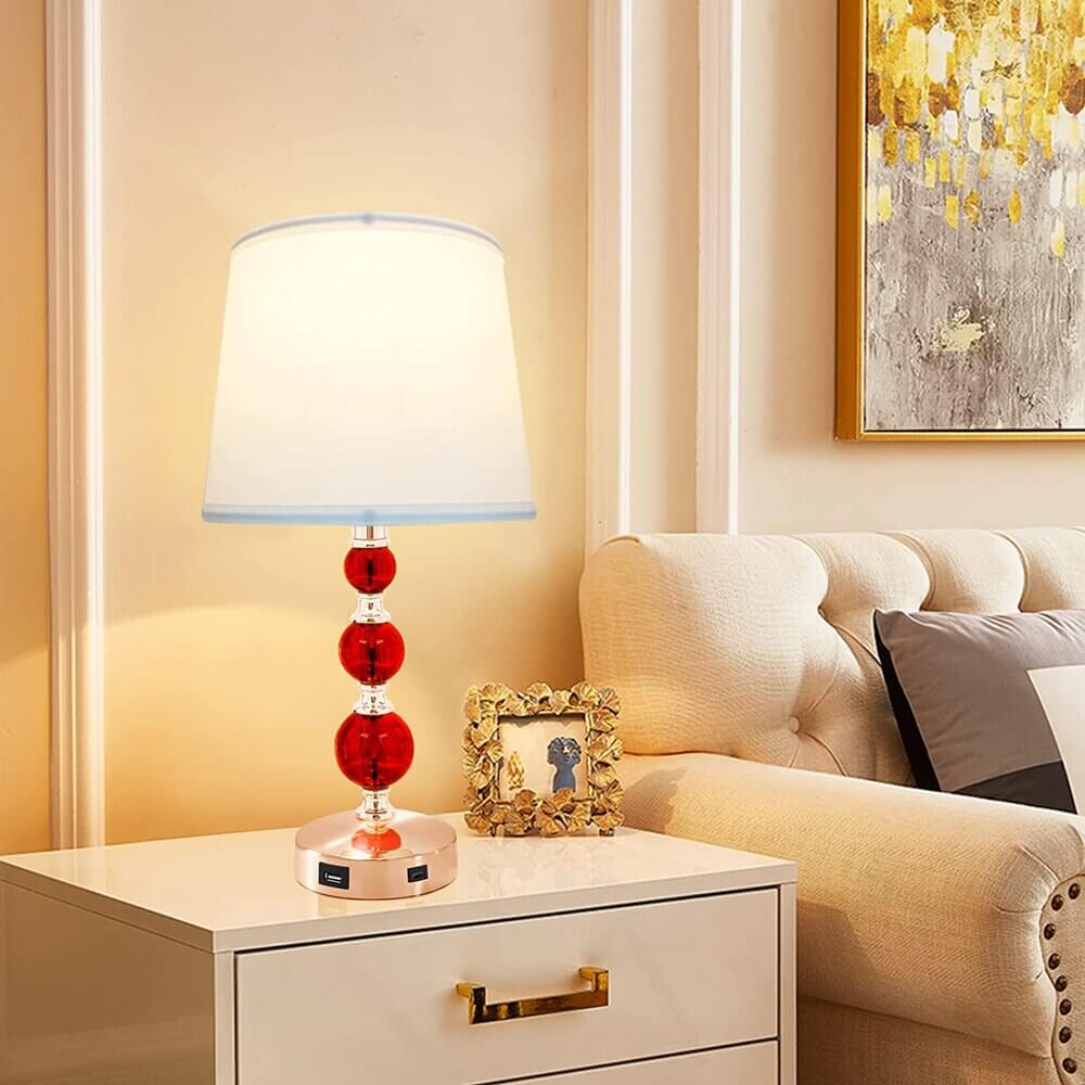 Retro Crystal Table Lamp with USB Ports and 3-Way Dimmable Touch Control, Red