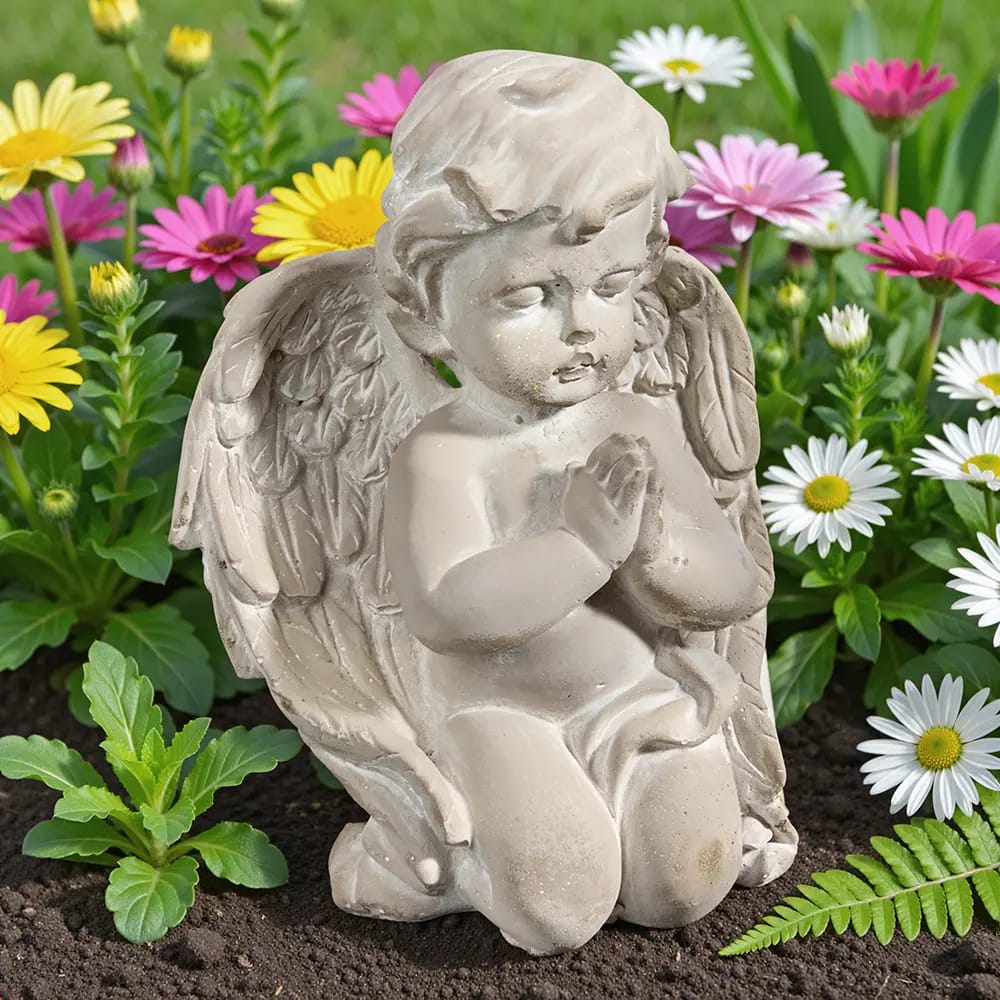 Praying Cherubim Boy Cement Statue, Gray