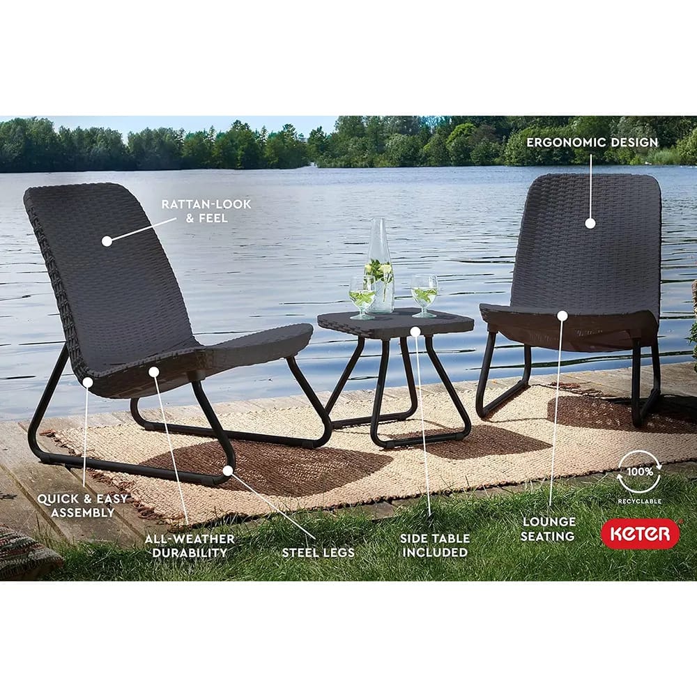 Keter Rio 3-Piece Resin Wicker Patio Furniture Set, Anthracite