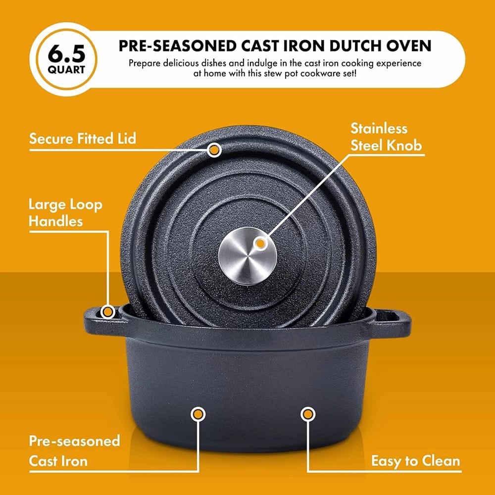 Bruntmor 6.5 Quart Pre-Seasoned Cast Iron Dutch Oven, Black