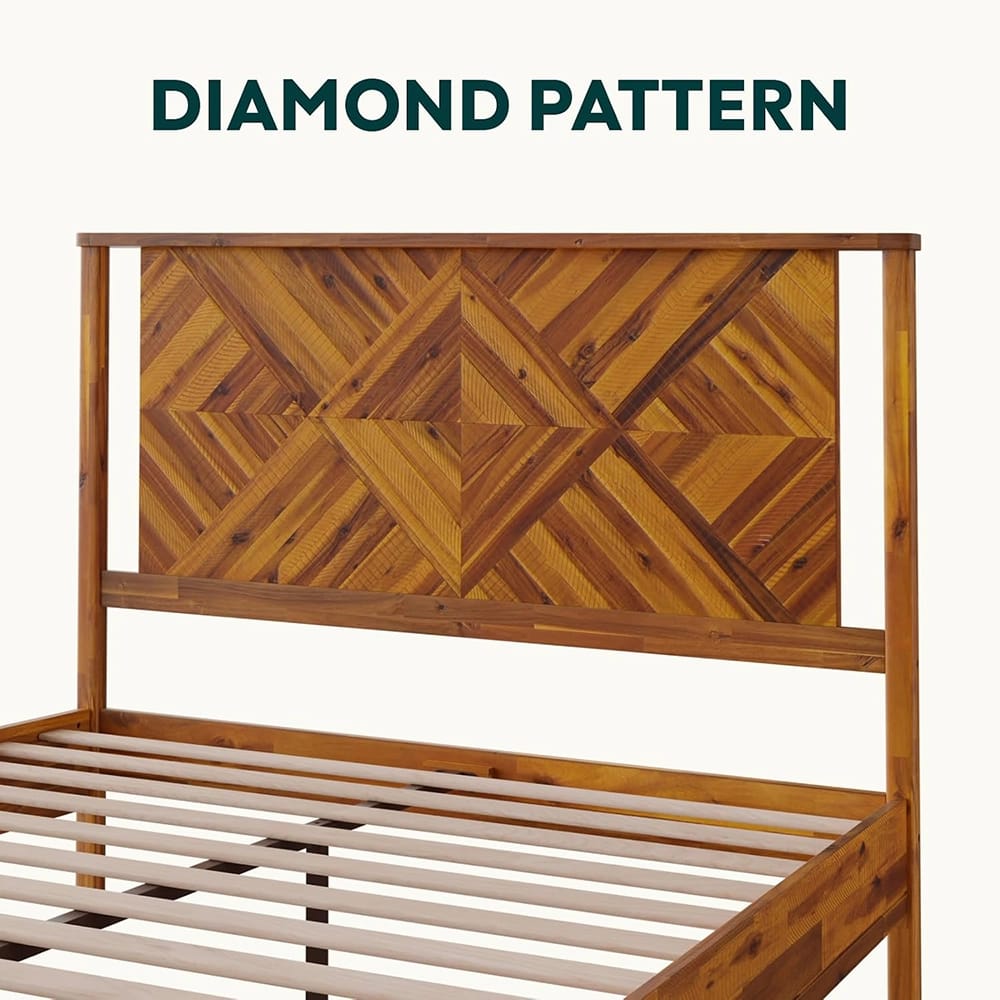 Bme Ethan Queen Solid Acacia Wood Bed Frame With Diamond Headboard, Rustic Caramel