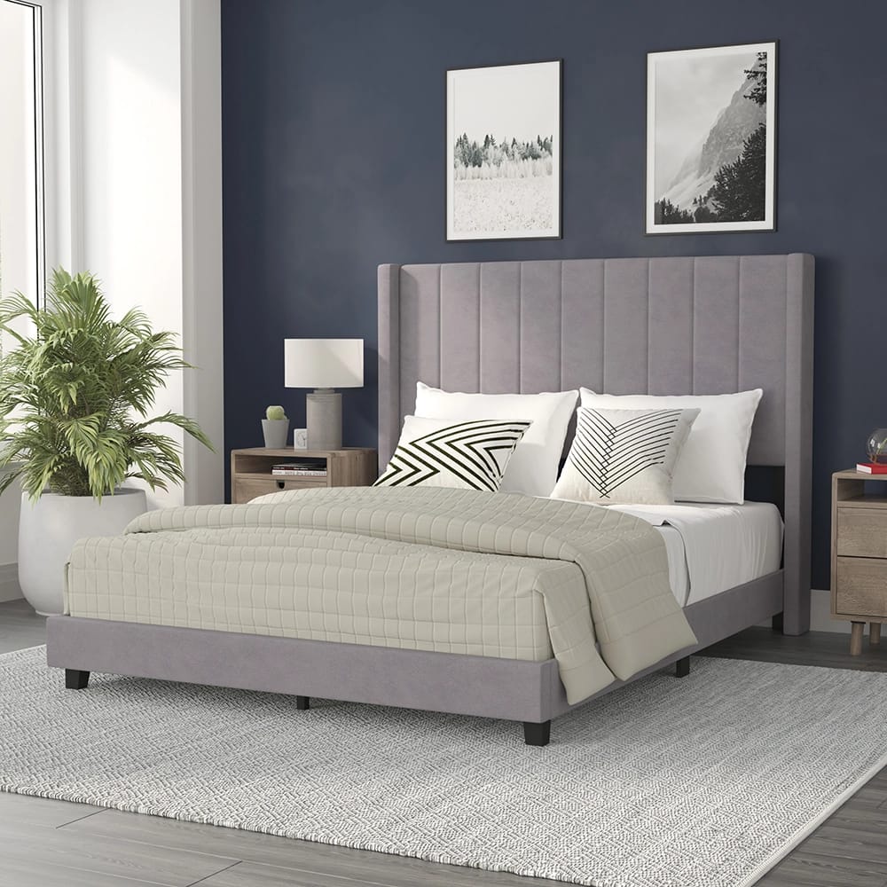 Bianca Upholstered Platform Bed with Vertical Stitched Wingback Headboard, Queen, Gray