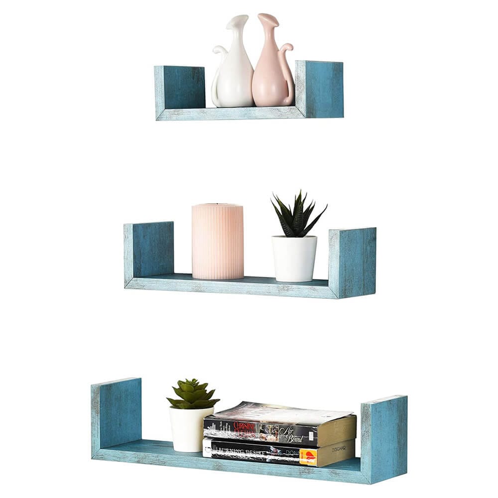 Greenco Floating "U" Wall-Mounted Shelves, Set of 3, Rustic Blue