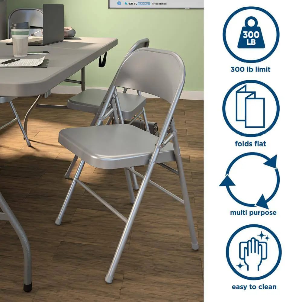 Cosco XL All-Steel Commercial Folding Chair, Gray, 4 Pack