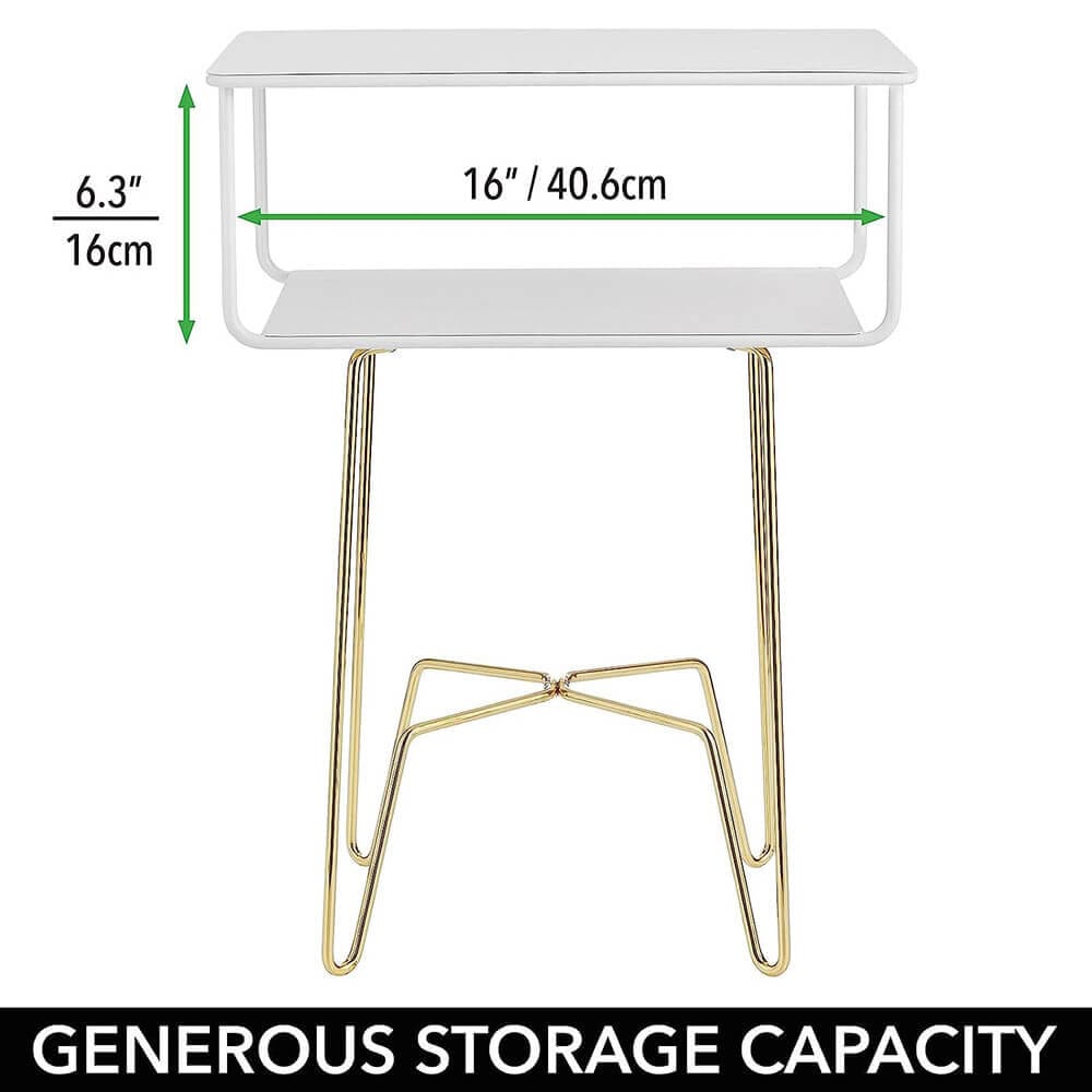 mDesign Modern Industrial Side Table with Storage Shelf, Matte White/Soft Brass