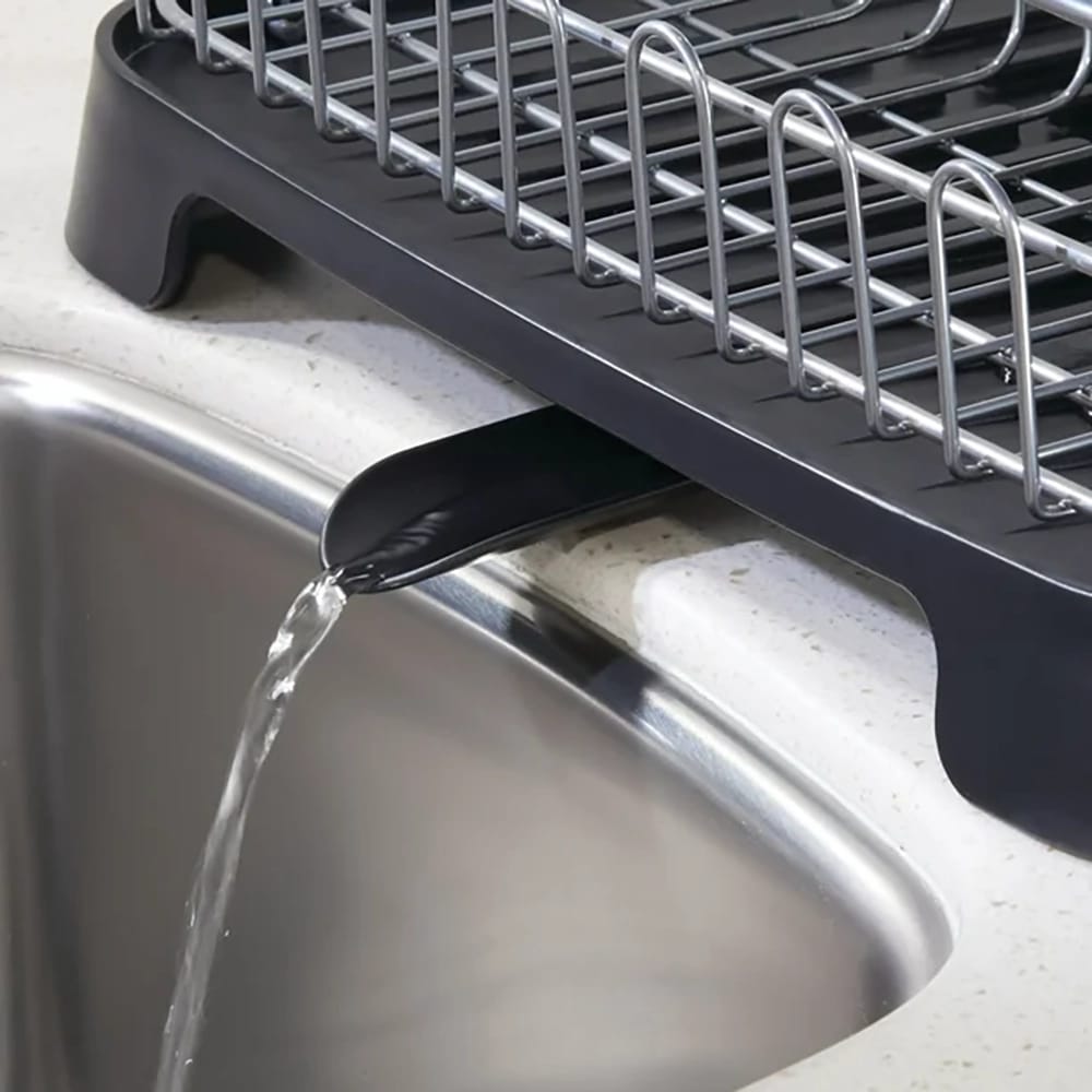 mDesign Dish Drying Rack Holder with Swivel Spout, Silver/Black