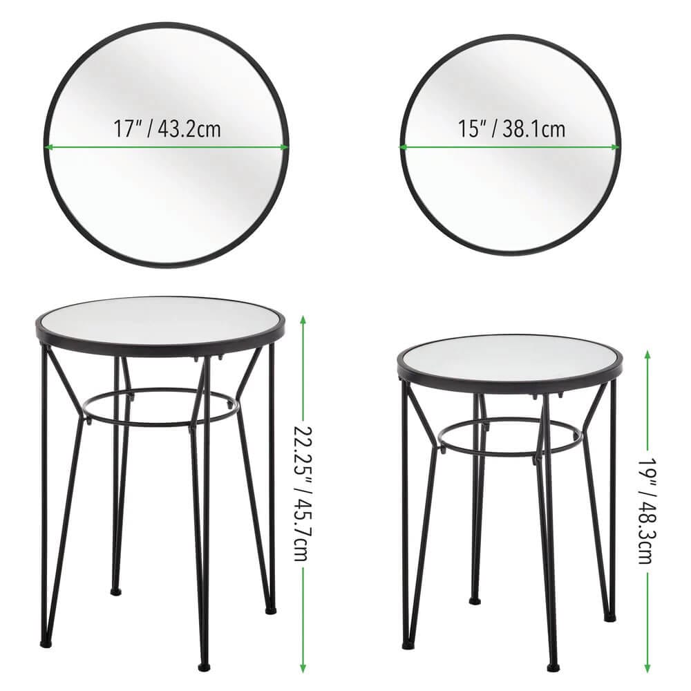 mDesign Round Metal Mirrored Glass Accent Table with Hairpin Legs, Set of 2, Matte Black
