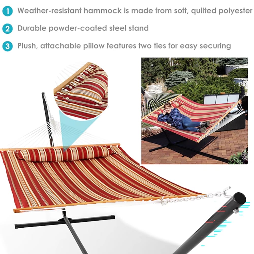 Sunnydaze 2-Person Outdoor Fabric Hammock with Stand, Red Stripe
