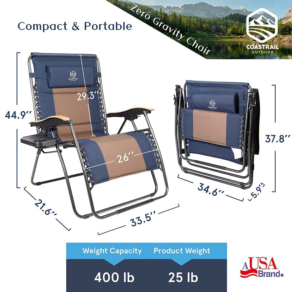 Coastrail Outdoor Zero Gravity Chair with Premium Wood-Like Armrests & Side Table with Cup Holder, Navy/Brown