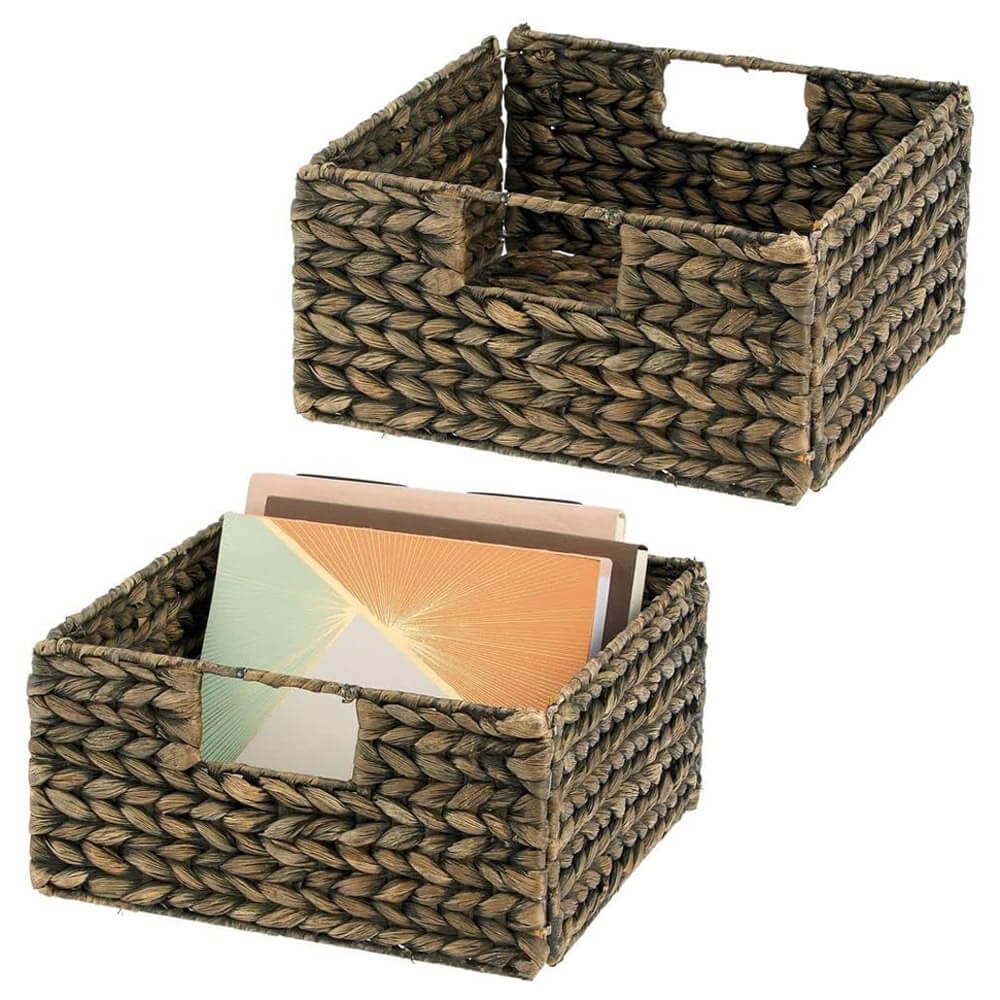 mDesign Woven Hyacinth Storage Basket Organizer with Handles, Set of 2, Black Wash