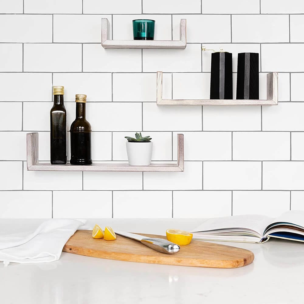 Greenco Floating "U" Wall-Mounted Shelves, Set of 3, Rustic Finish