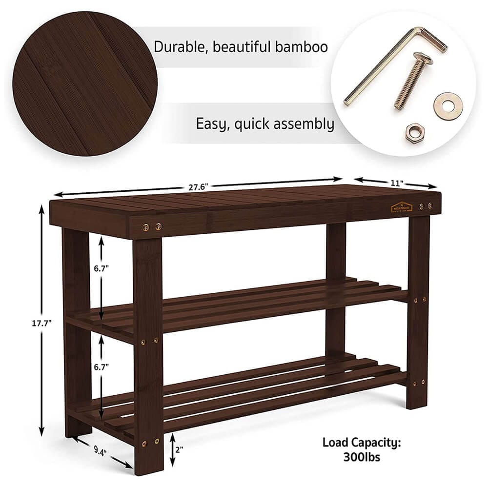 Homemaid Living 3-Tier Bamboo Shoe Rack & Bench, Brown