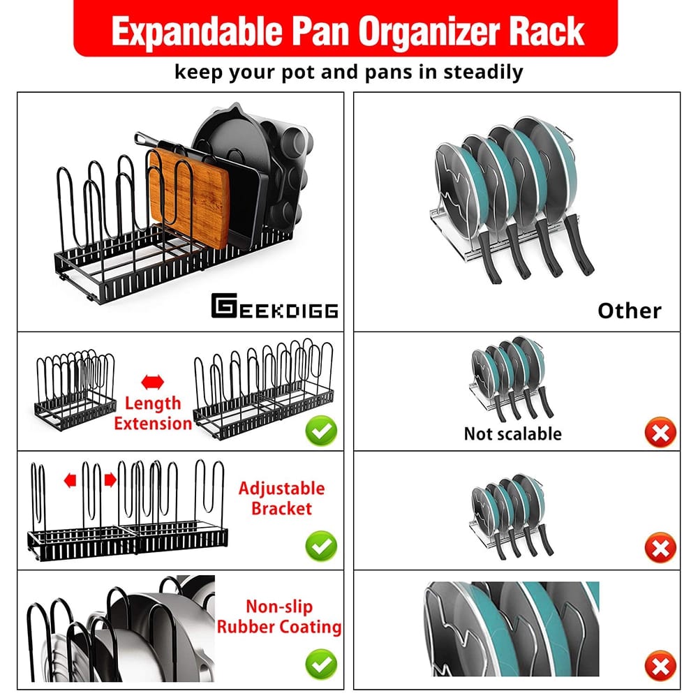 GeekDigg Adjustable Pot Organizer Rack, Black