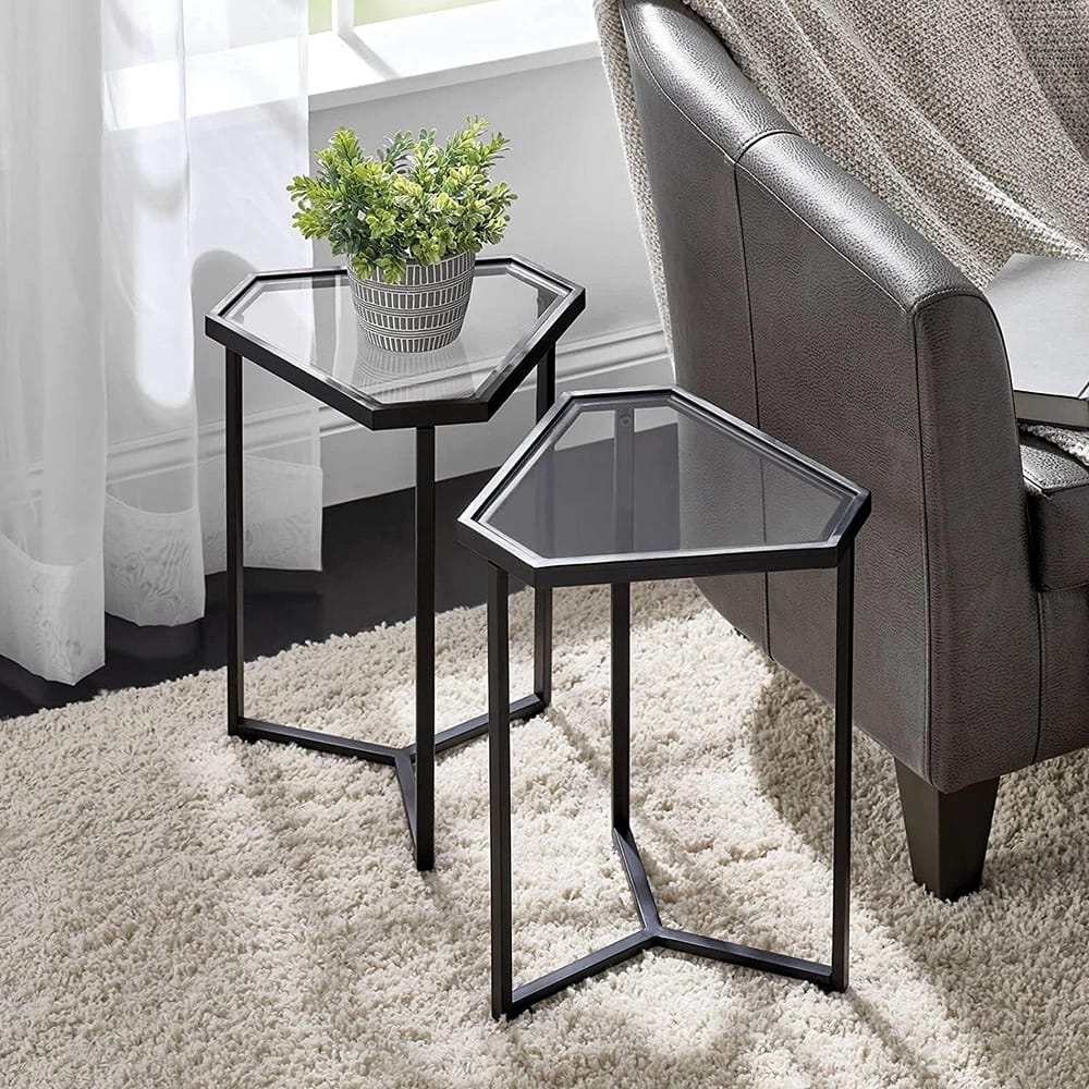 mDesign Triangle Inlay Glass Accent Table, Black, Set of 2