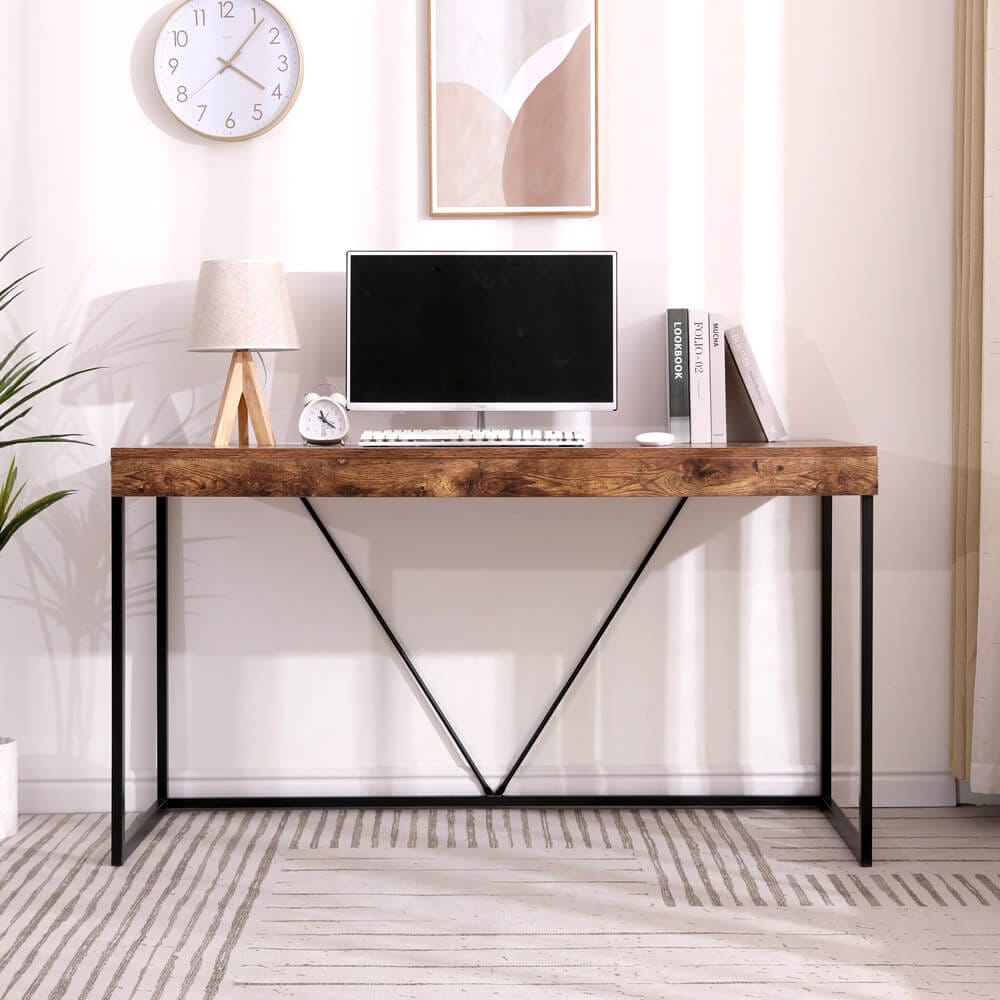 55" Modern Desk with Wooden Top, Rustic Brown/Black