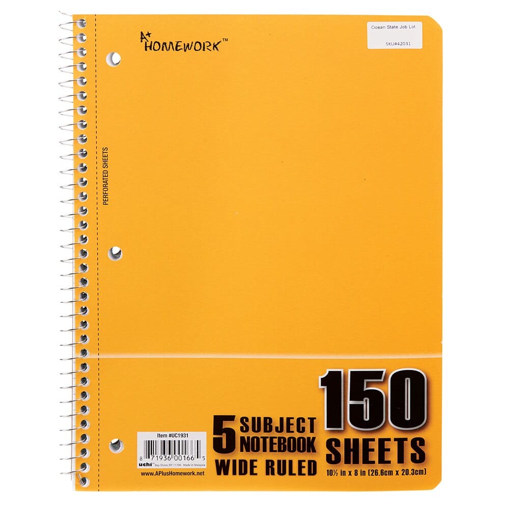 5 Subject Wide Ruled Spiral Notebook, 180 Sheets