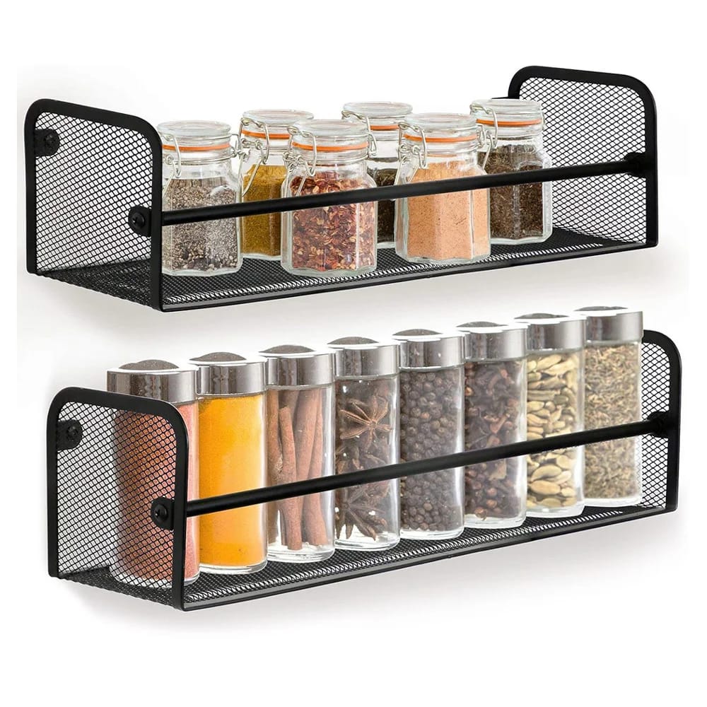 Greenco Wall Mount Single Tier Mesh Spice Racks, Set of 2 , Black