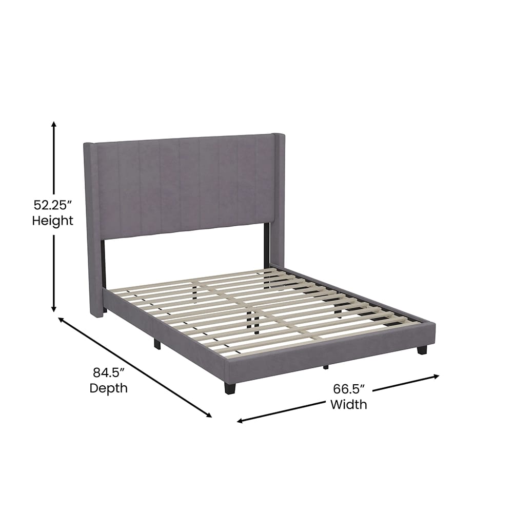 Bianca Upholstered Platform Bed with Vertical Stitched Wingback Headboard, Queen, Gray