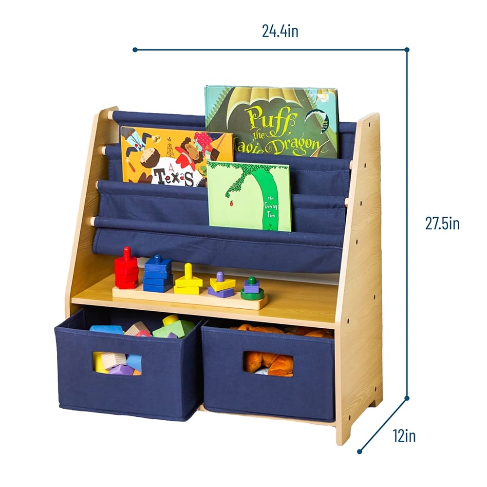 Wildkin Kids Canvas Bookshelf, Natural/Blue