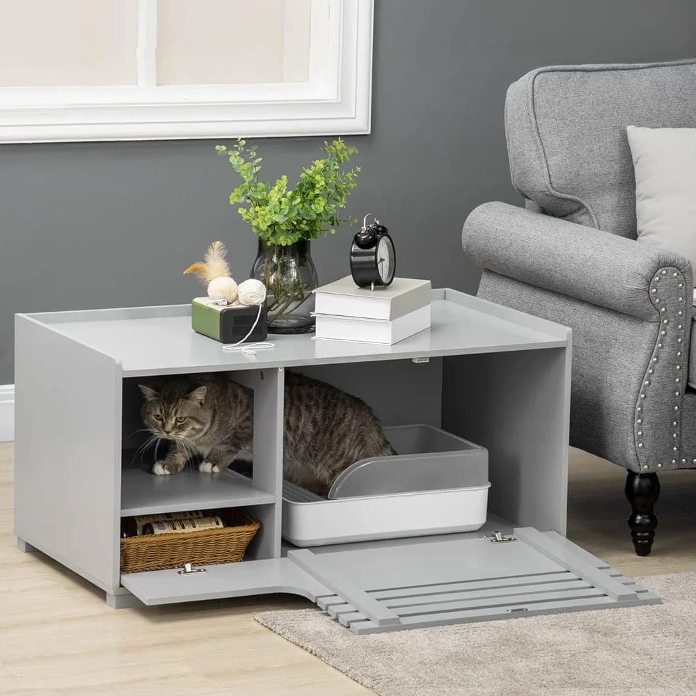 PawHut Cat Hidden Storage Cabinet Litter Box, Gray