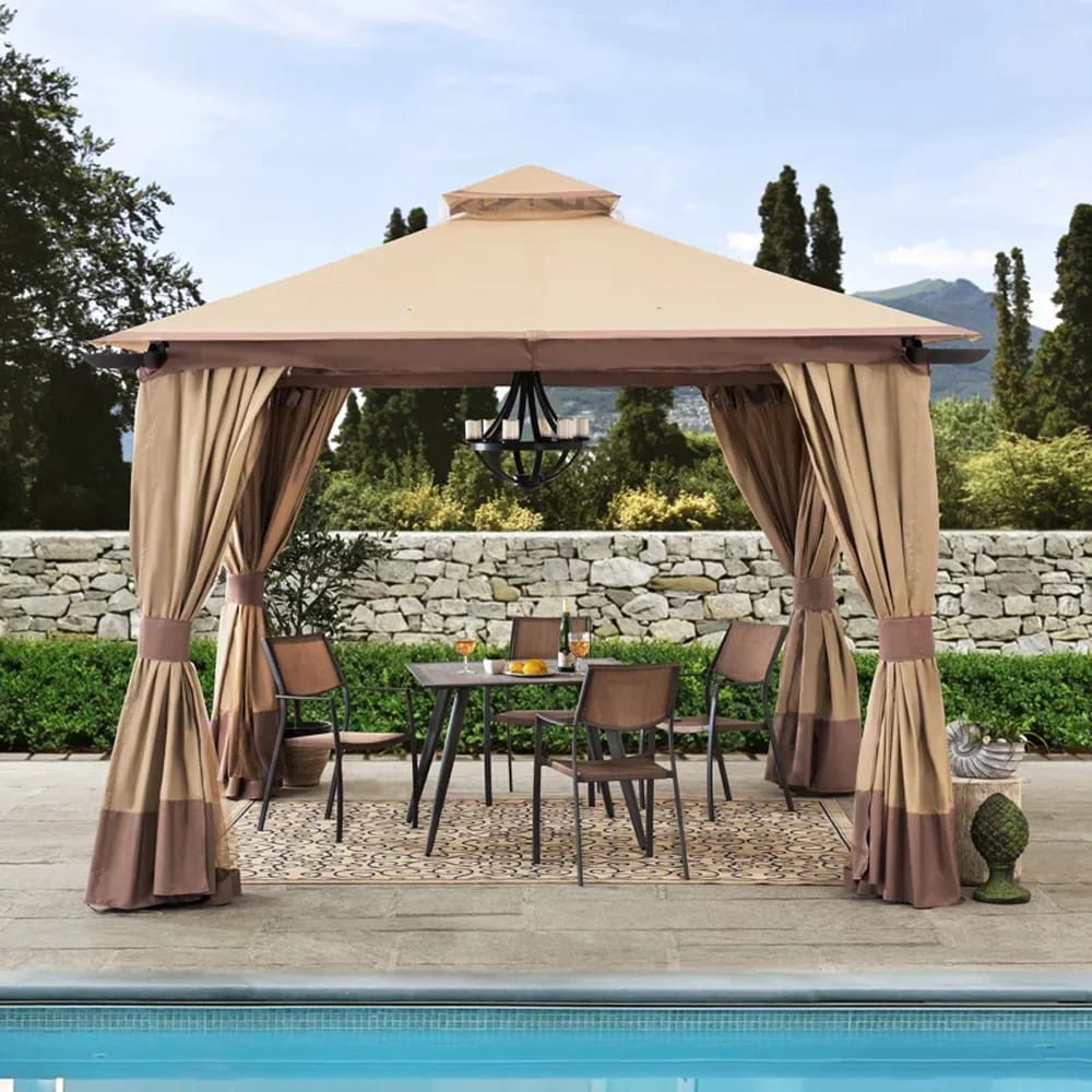 Sunjoy Aluminum Frame 2-Tier Steel Soft Top Gazebo, 12' x 12', Beige/Brown