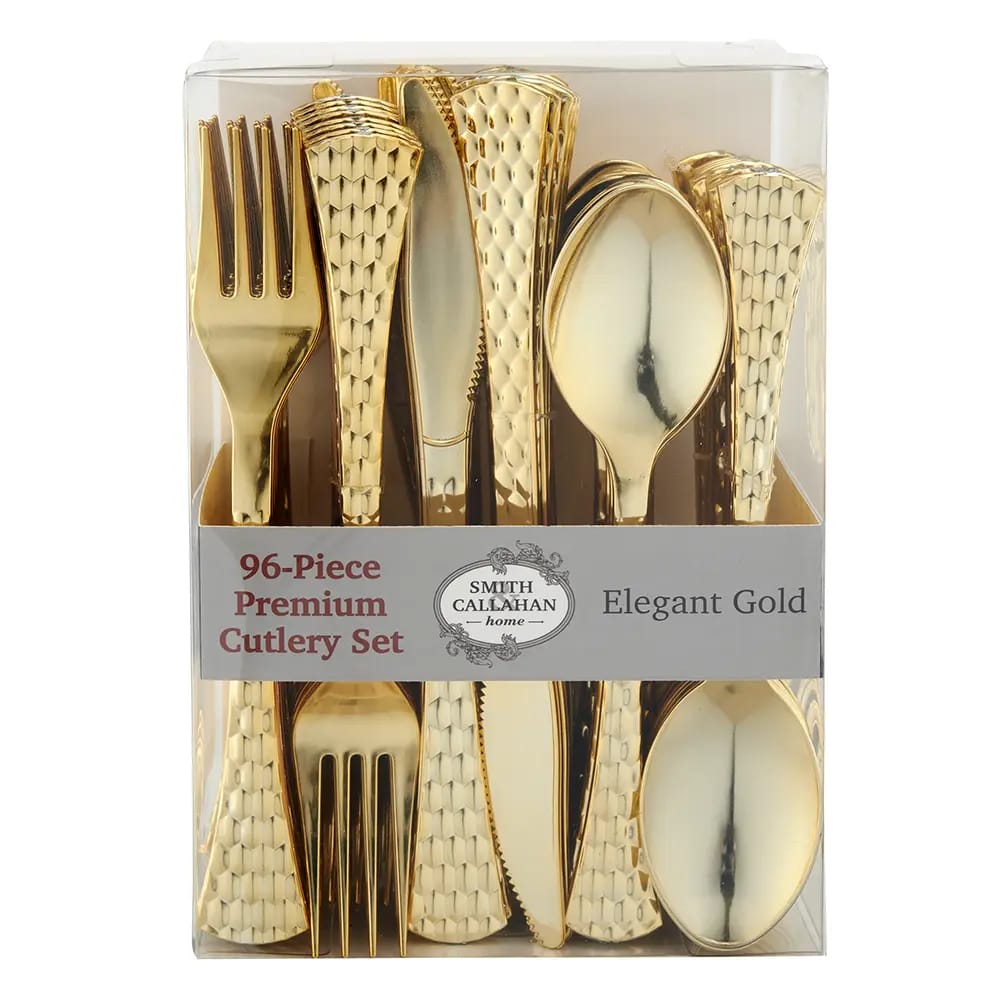 Smith & Callahan Elegant Gold Premium Plastic Cutlery Set, 96 Piece