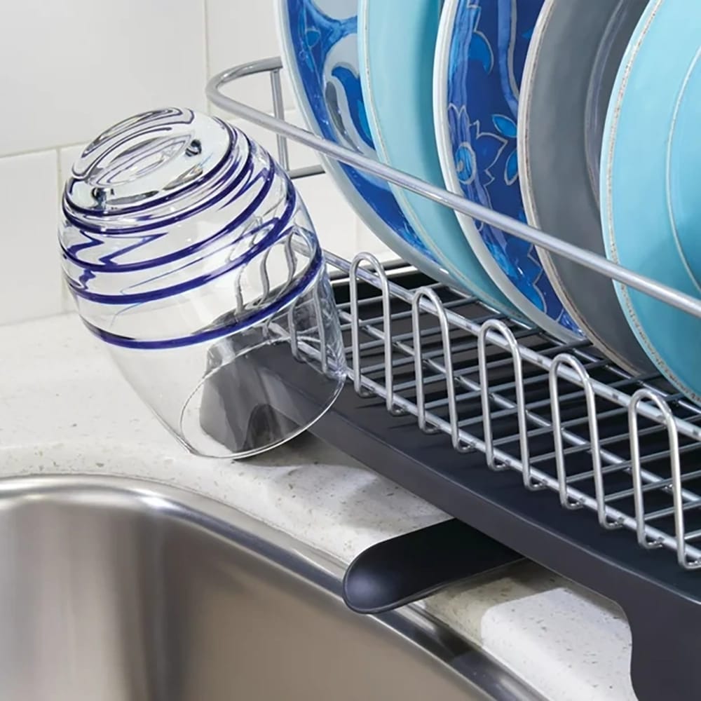 mDesign Dish Drying Rack Holder with Swivel Spout, Silver/Black