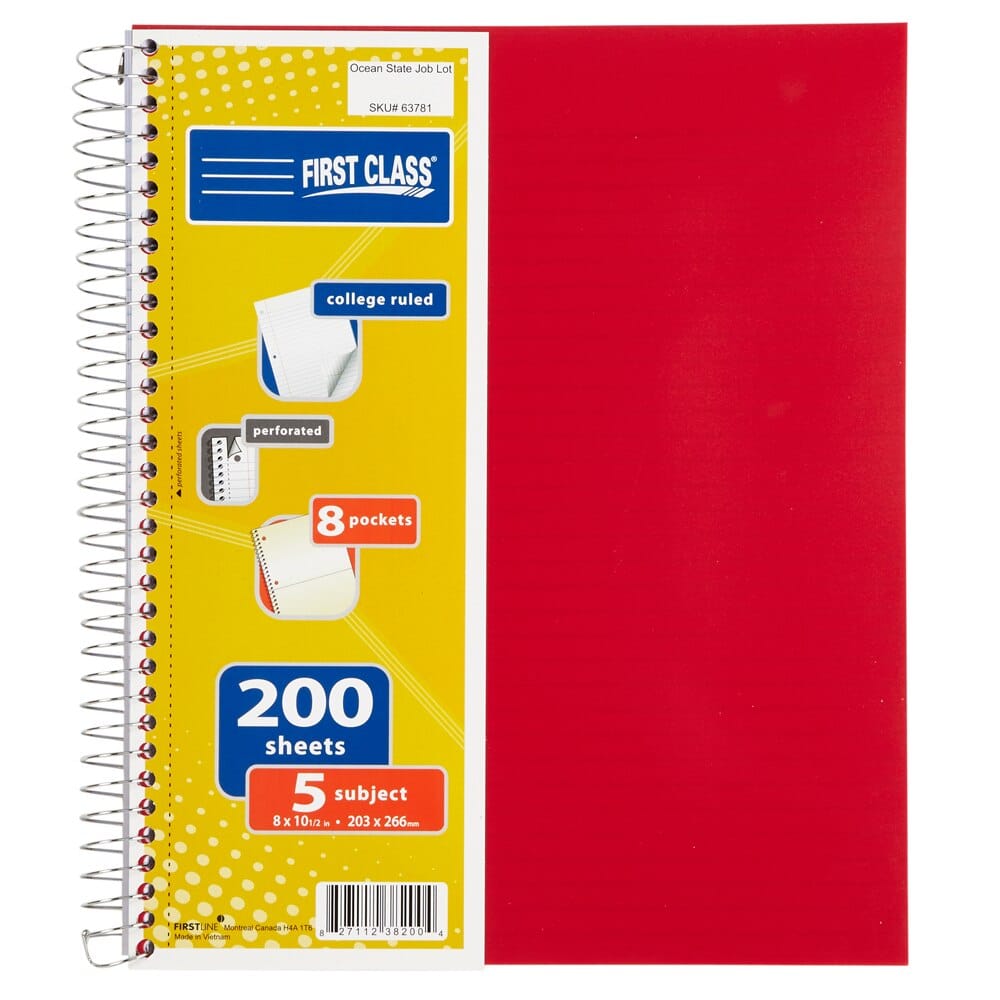 First Class 5 Subject College Ruled Spiral Notebook, 200 Sheet