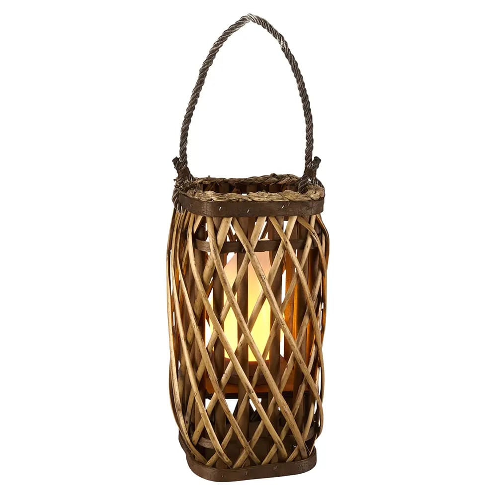 Barbara King Square Wicker Lantern With Remote, Caramel, 12"