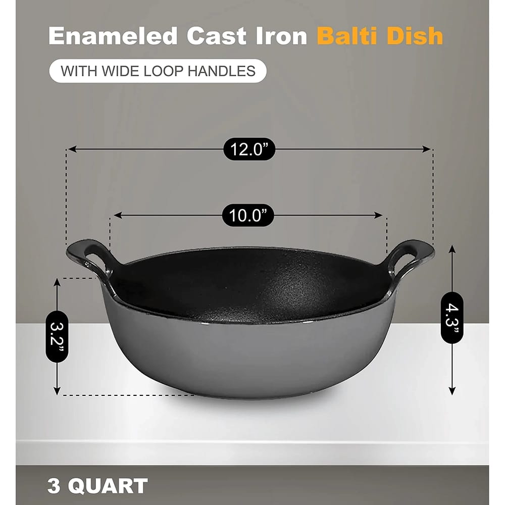 Bruntmor 3-Quart Enameled Cast Iron Balti Dish, Gray