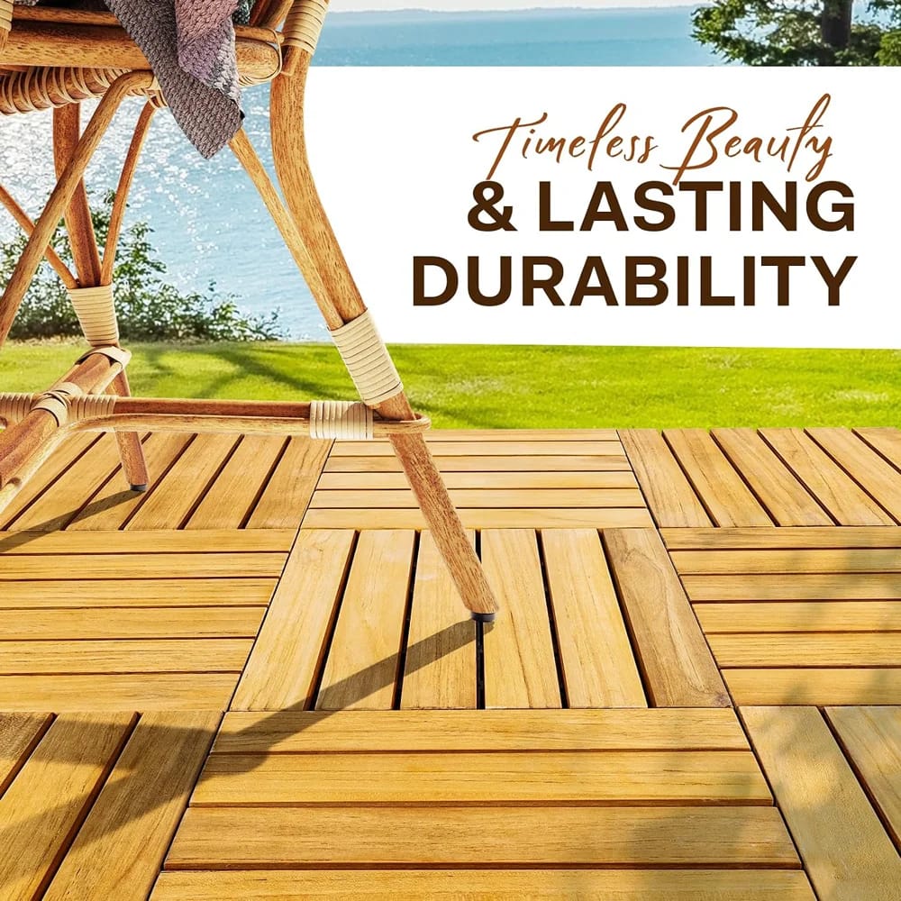 Idzo Acadia Wood Interlocking Deck Tiles, Natural, 6 Slats, 10 pk