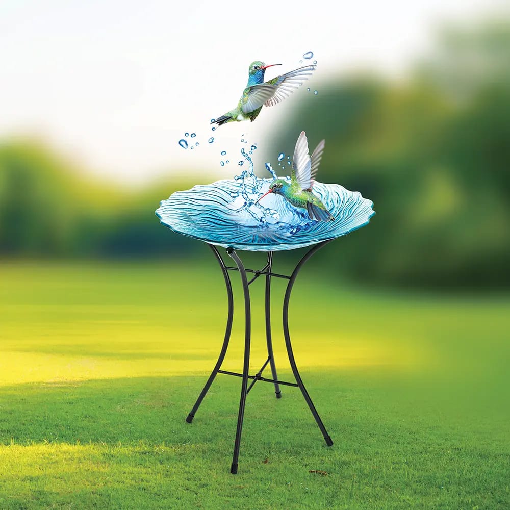 Glass Wave Bird Bath, Blue 16"