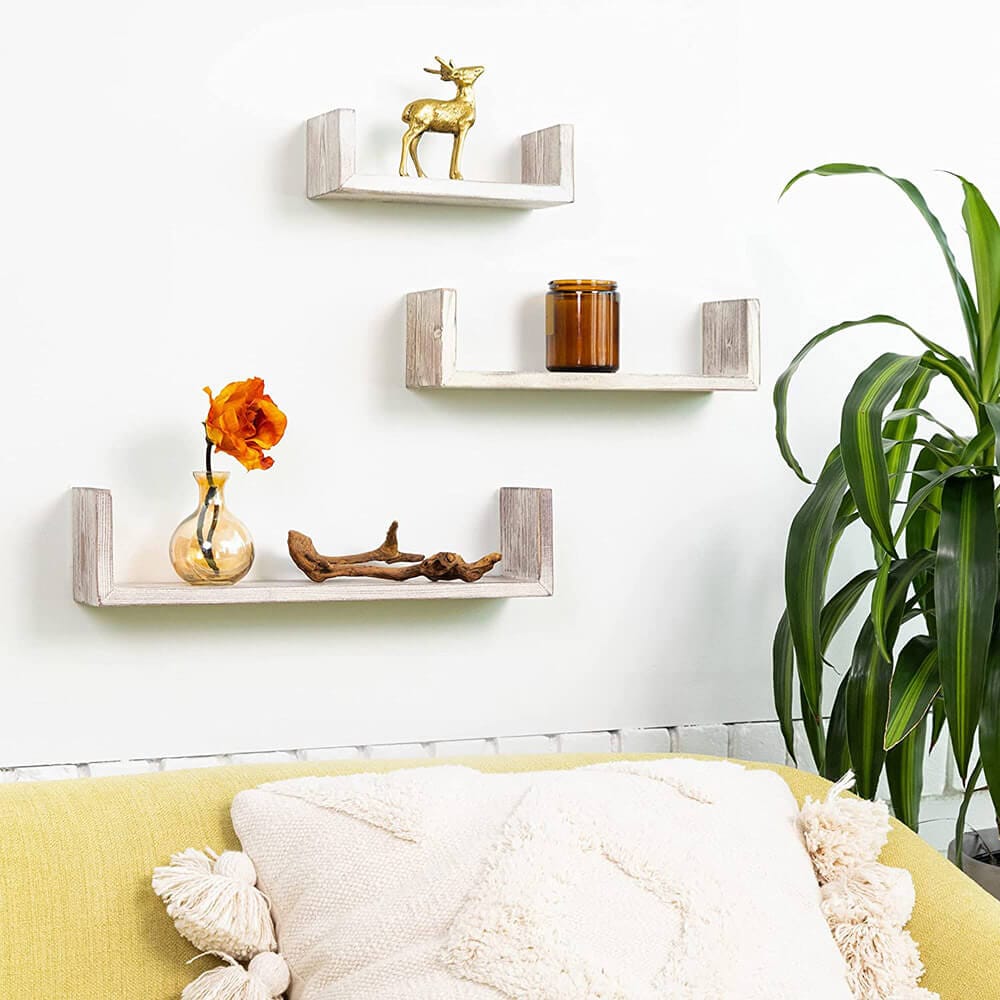 Greenco Floating "U" Wall-Mounted Shelves, Set of 3, Rustic Finish