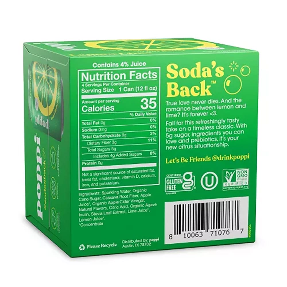 Poppi Sparkling Soda, Lemon Lime, 4 ct., 12 oz.
