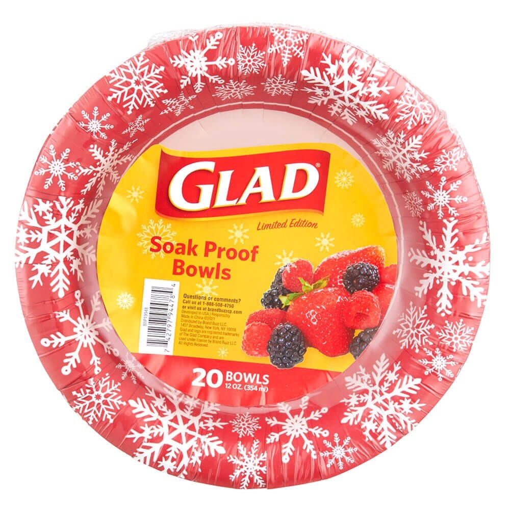 Glad Limited Edition Soak Proof 12 oz Red Snowflake Paper Bowls, 20 Count