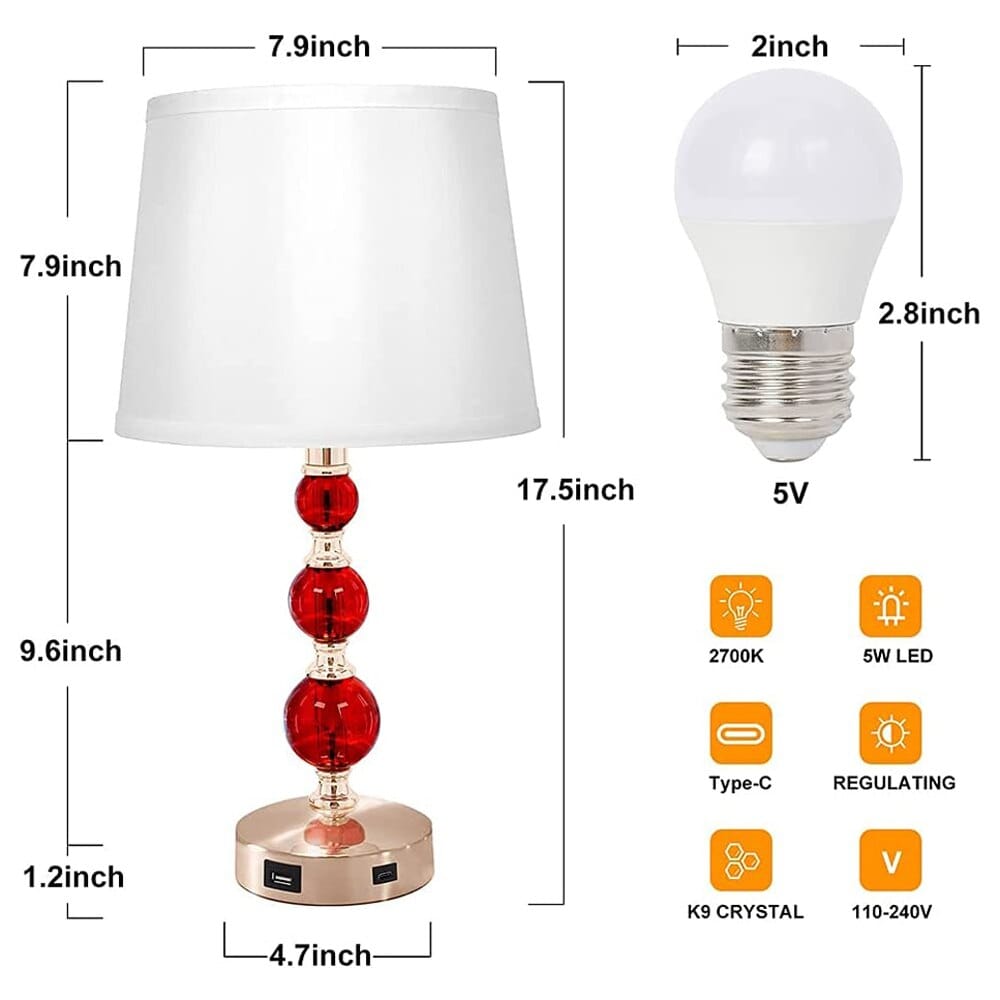 Retro Crystal Table Lamp with USB Ports and 3-Way Dimmable Touch Control, Red