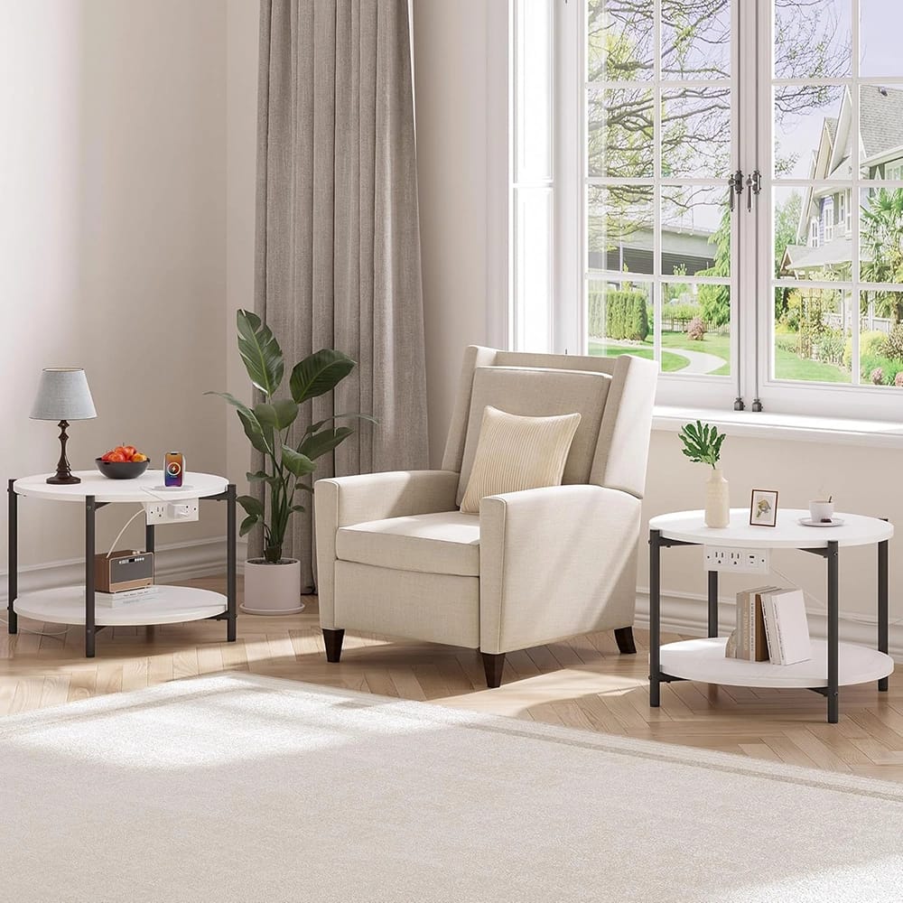 LIKIMIO 23.6" Double-Tiered Round End Tables with Charging Station, White