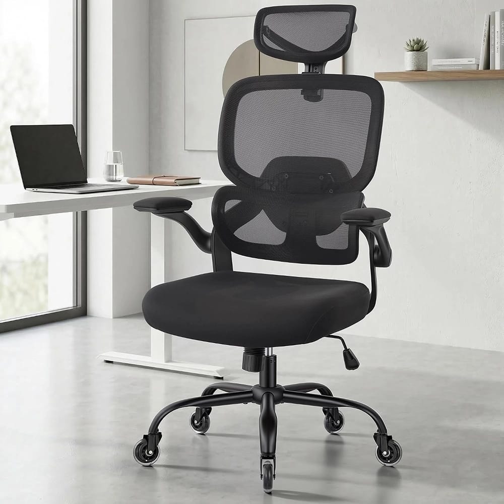 FAMSINGO Ergonomic Mesh Back Office Chair with Flip up Armrests, Black