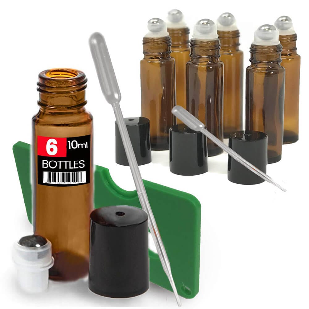 iPrimio Set of 6 Roller Bottles, 10 ml, Amber Brown