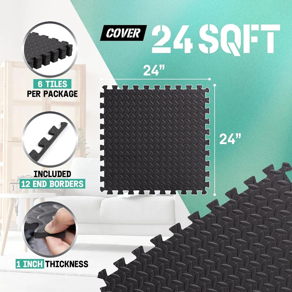 Yes4All Interlocking Exercise Foam Mats, 6-Piece, 24 sq ft
