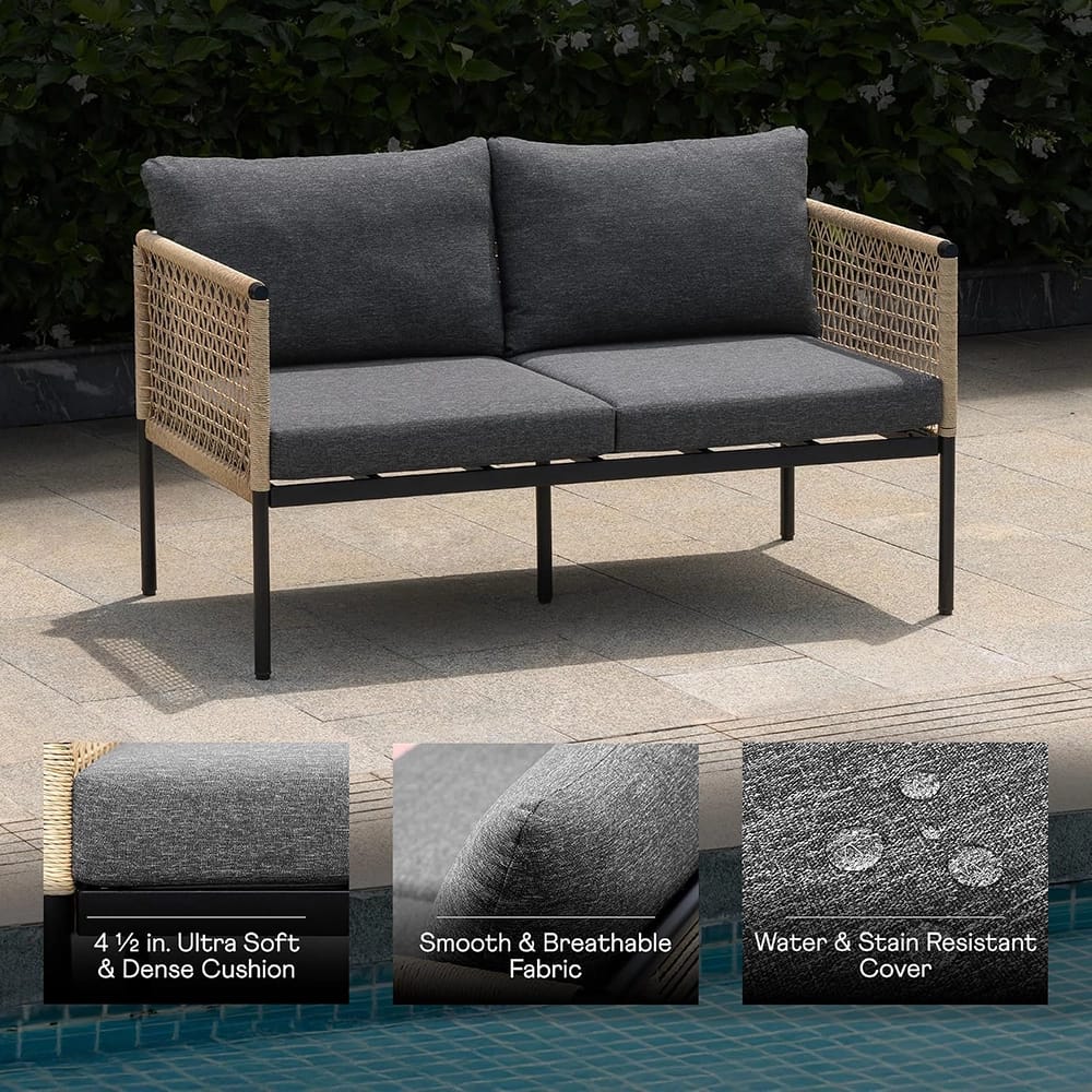 Idzo Oscar Wicker Metal Loveseat with Coffee Table, Black