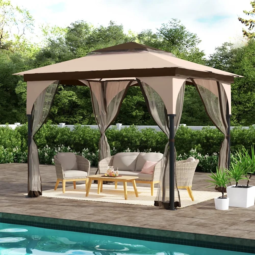Sunjoy Outdoor Patio 2-Tier Steel Soft Top Gazebo with Ceiling Hook and Netting, 9.5' x 9.5', Brown