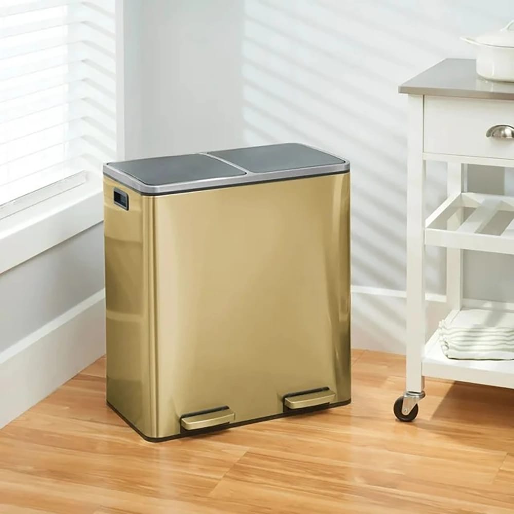 mDesign Metal Dual Compartment Step Trash Can, Soft Brass