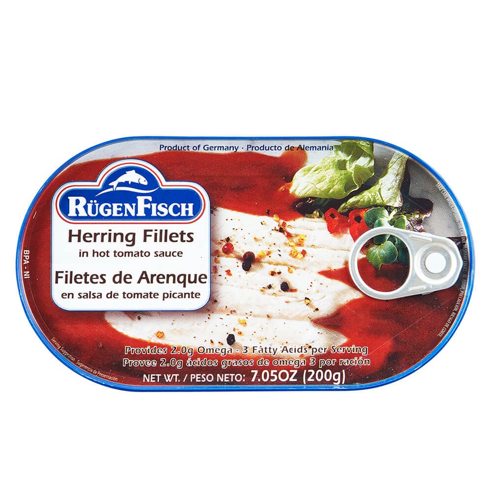 Rugen Fisch Herring Fillets in Hot Tomato Sauce, 7.5 oz