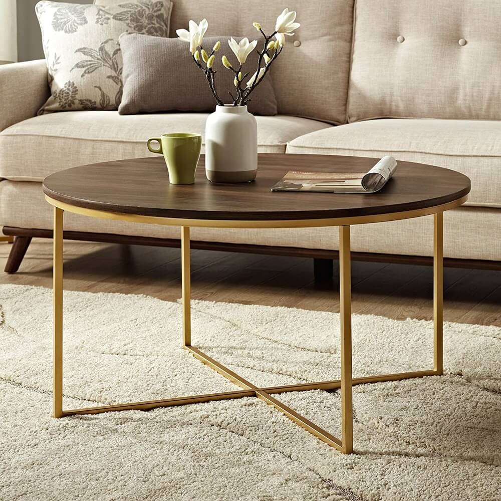 Walker Edison Cora Modern Round Faux Marble Top Coffee Table, Walnut/Gold