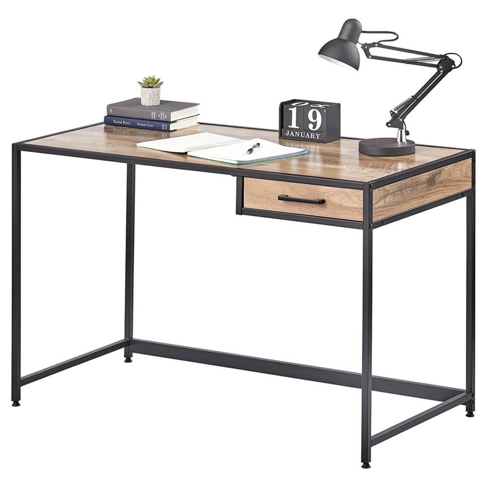 mDesign Metal & Wood Home Office Desk with Right-Hand Drawer, Black/Gray Wash