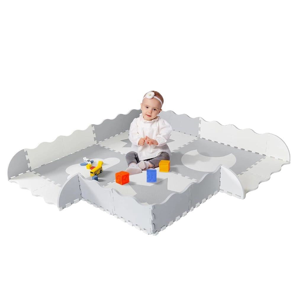 Childlike Behavior Baby Play Mat Tiles, 61" x 61", Gray/White