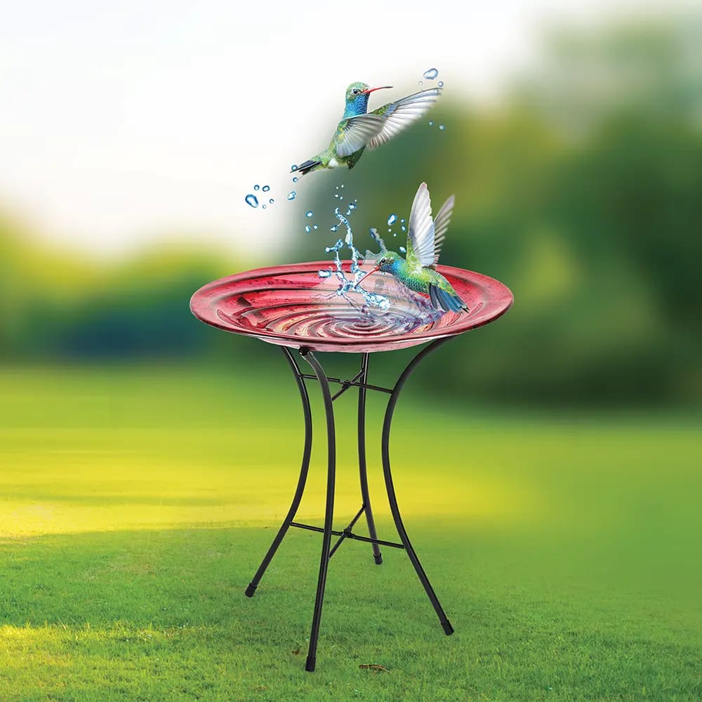 Glass Swirl Bird Bath, Red, 16"